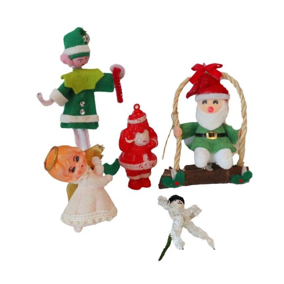 5 Vintage Christmas Ornaments Elf Celluloid Santa Flocked Angel Chenille Snowman - Picture 1 of 6